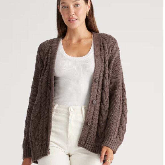 Quince Sweaters - Quince 100% Organic Cotton Oversized Cable Cardigan in Heather Brown, size M